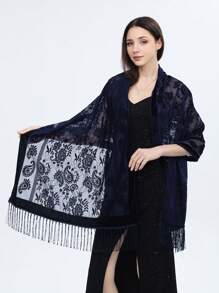 1pc Women's Knit Solid Color Paisley Floral Handmade Floral Lace Fringe Scarf, Fashion Soft Warm Shawl Wrap For Party, Versatile All Season - Lace Cashew - View 11