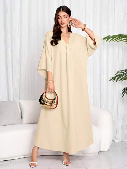Vår/Sommar Snygg Elegant Enfärgad Skårad V-ringad Dolmanärm Arabisk Klänning för Dam