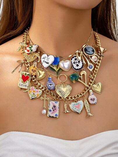 1pc Charm Necklace For Women, Handmade Heart Cross Bow Cowgirl Boots Charms Necklaces, Boho Jewelry (Slight Variations In Details)