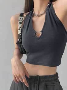 Women Heart Shaped Cami Top, Fashion Casual Solid Color - Dark Grey - View 1