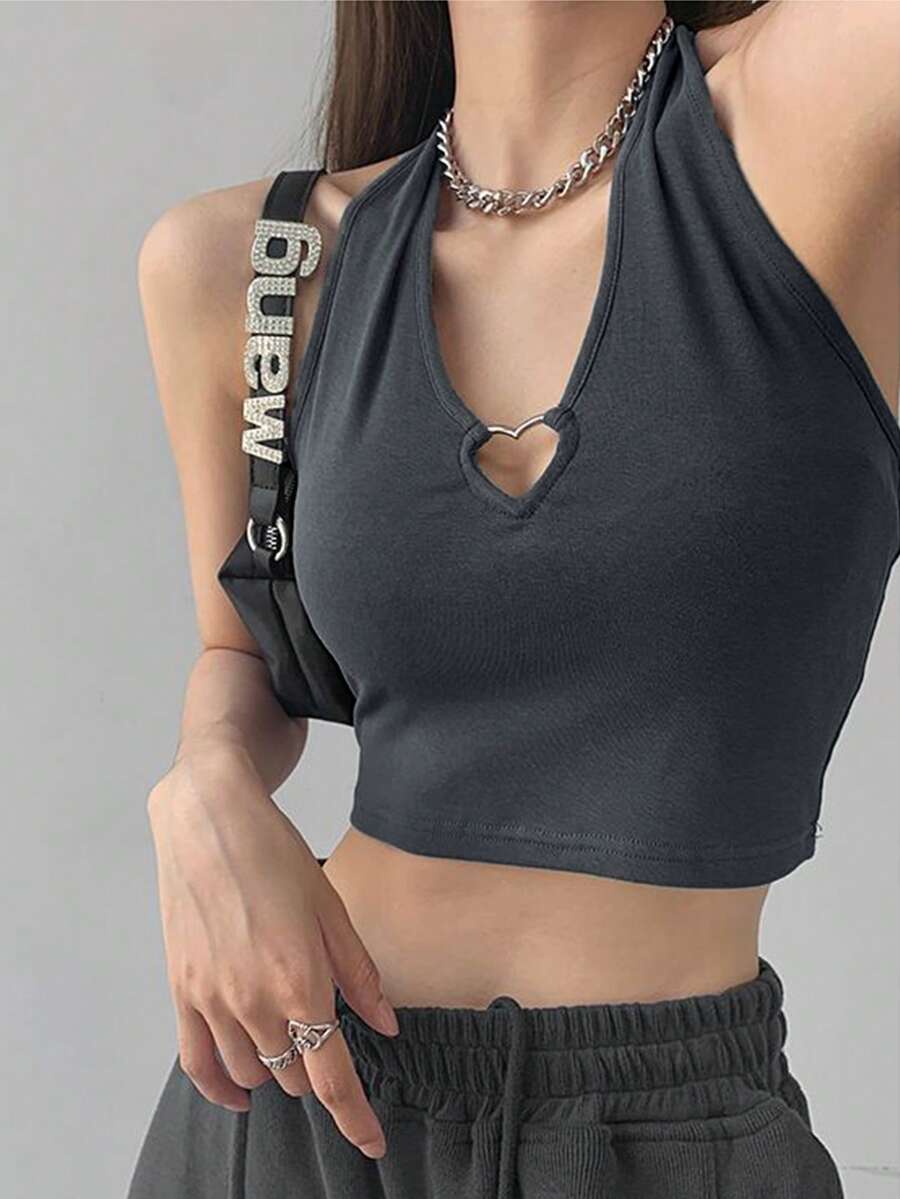 Women Heart Shaped Cami Top, Fashion Casual Solid Color - Dark Grey - View 1