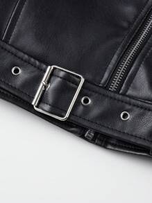 Women's Faux Leather Jacket Studded Rivet Casual Short Motorcycle Biker Coat With Belt - màu đen - Xem 7