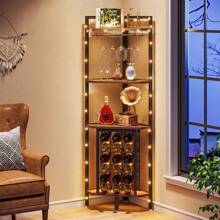 LITTLE TREE 4-Tier Corner Wine Rack With Glass Holder, Industrial Corner Bar Corner Wine Cabinet, Freestanding Corner Wine Shelf For Living Room, Small Space - Brow - View 2