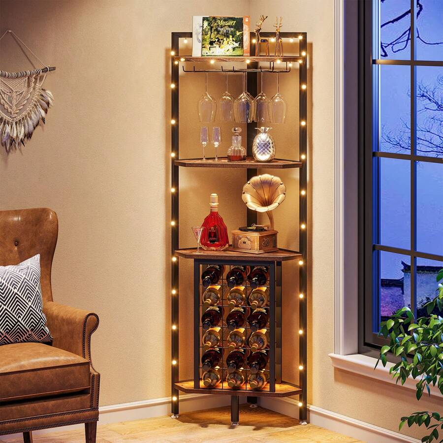 LITTLE TREE 4-Tier Corner Wine Rack With Glass Holder, Industrial Corner Bar Corner Wine Cabinet, Freestanding Corner Wine Shelf For Living Room, Small Space