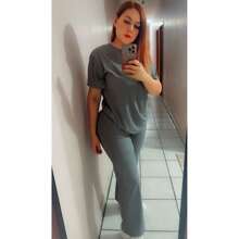 CONJUNTO CASUAL DE PANTALON RECTO MANGA CORTA CUELLO REDONDOLisoEleganteCasualCanalé2 en 1SET 2 PIEZASCalleTODO - Gris - Ver 4