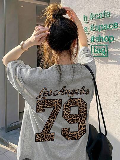 青少年女孩豹纹字母 79 数字印花圆领短袖 T 恤，上衣，适合春夏季