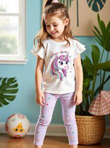 2pcs/Set Cute Unicorn Print Ruffle Sleeve T-Shirt & Colorful Polka Dot Leggings, Funny Casual Outfit For Young Girl - White - View 2