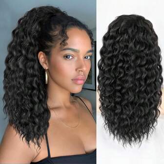Ponytail Extension,Curly Drawstring Ponytail Extension For Natural Black Curly Clip In Hair Extensions 18 Inch Synthetic Hairpiece For Daily Party, 1B
