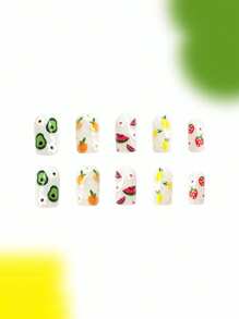 24pcs Short Square Shiny Press-On Nails, Cute White Flower & Fruit Series (Strawberry, Orange) Green Nails, Full Cover Removable Nail Art Supplies, Includes 1pc Jelly Gel And 1pc Nail File, Decorate Your Nails And Elevate Your Fashion, Women Nail Gift, Suitable For Ladies And Girls In School, Office, Party And Daily Wear