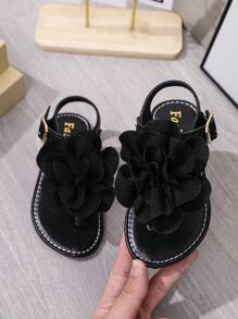 Toddler/Little Girls' 2025 Summer New Fashion Versatile Round Toe Thong Sandals With Large Flower, Flat, Anti-Slip For Beach & Home Wear