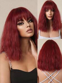 Peluca de estilo con flequillo, de 16 pulgadas, de color rojo vino, de largo medio, con apariencia natural y resistente al calor para uso diario. Peluca tejida de cabello sintético, de estilo elegante, resistente al calor, para uso cotidiano.