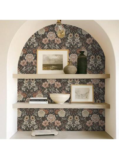 Roll Elegante Vintage Bohemian Peel Stick Wallpaper Brown/White Background Bloemen Pattern, Waterproof, Moisture Proof, Removable, Easy To Install, Home Wand Sticker, Kitchen, Bedroom, Living Room, Cabinet, Wardrobe, Tafel Furniture Refurbishment, 44*300/500/1000cm Size view 3