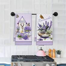 2pcs Lavender Print Kitchen Towel Set - Super Absorbent Microfiber Dish Cloths, Purple Floral Hand Towels, Perfect For Cooking & Baking, Ideal Gift For Lavender Lovers, Spring Farmhouse Decor