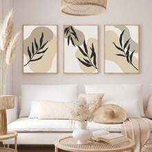 3件套波西米亚风米色墙饰，中世纪现代艺术版画，极简植物墙面装饰，现代墙面装饰，适用于客厅和无框家居，无框 - 彩色 - 查看 1