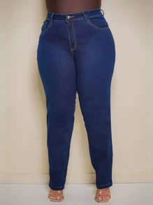 Calça Jeans Reta Plus Size Cintura Alta Com Elastano Bolsos Confortável - Lavagem escura - Visão 5