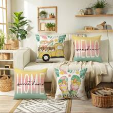 4 Packs Spring Summer Cute Floral Polyester Pillow Covers, Breathable Decorative Throw Cushion Covers For Sofa Living Room Bedroom Home Decor - Excluding Inserts