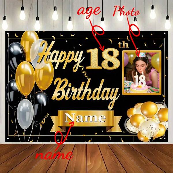 1 لافتة خلفية مخصصة لحفلة عيد الميلاد، صورة شخصية، اسم، عمر، باللونين الأسود والذهبي، لوازم ديكور حفلة عيد الميلاد، ديكور باب المنزل الأمامي، ديكور تجمع منزلي، ديكور استخدام يومي، خيارات 3 أحجام، طباعة رسومية