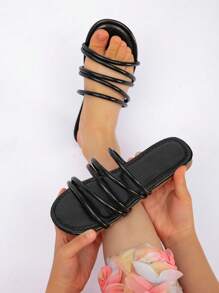 夏季女童时尚休闲平底凉鞋 - 黑色 - 查看 1