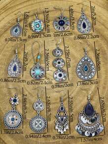 TopHanqi 12pairs Water Drop Earrings Retro Ethnic Style 12 Pairs Of Women's Earrings Multi-colored Set Round Drop-shaped Flower Set With Turquoise Set With Colored Rhinestone Pendant Combination Earrings - Multicolor - View 6