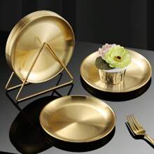 6 pièces Set d'assiettes en acier inoxydable de style coréen avec rack, plat rond peu profond pour barbecue, pot-au-feu, restaurant, assiette à en-cas d'os. Cadeau de Noël, fournitures scolaires