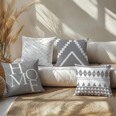 4 件简约灰白几何“家”装饰枕套，单面印花毛绒面料，45*45/50*50/40*40 厘米靠垫套适用于现代客厅沙发装饰、礼物、派对装饰