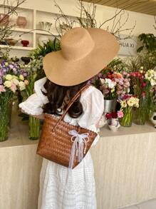 Set de 2 piezas (Bolso + Sombrero) Nuevo bolso de hombro de paja con lazo decorativo y sombrero a juego, apto para uso diario, vacaciones, viajes, playa y compras de las mujeres