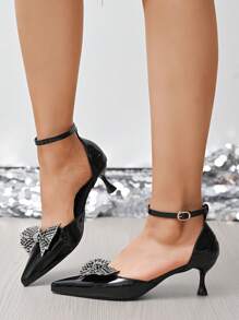 Women's Pointed Toe High Heels, Decorated With Bow, Rhinestones, Single-Strap, Closed Heel, Hollowed-Out Side Design, Suitable For Daily Wear, Commuting, Outdoor, Office, School, Party, Gala, Banquet, Formal Occasions, High-End, Elegant And Luxurious, Can Be Worn All Year Round, Available In Black And Brown