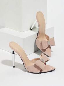 Shiny Crystal Bow-Knot Metallic Pointy Toe High Heels Sandals, Fashionable Slip-On Party/Date Shoes For Young Ladies, Light Pink