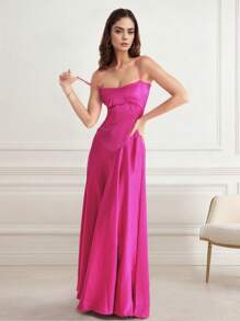 Vestido largo de tirantes finos y sin mangas de un solo color - Rosa Fucsia - Ver 6
