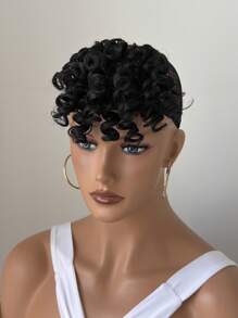 Kinky Curly Bangs Hair Topper For Afro Small Curl Clip In Fringe Hair Piece, Heat Resistant Synthetic Curly Top Hairpiece For Hair Loss & Thinning Hair Daily Wear, Halloween - Black - View 3