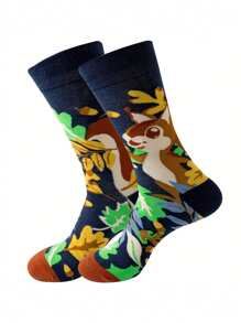 1 Pair Of Men's Fashionable Navy Blue Squirrel Cartoon Crew Socks - Multicolor - View 2