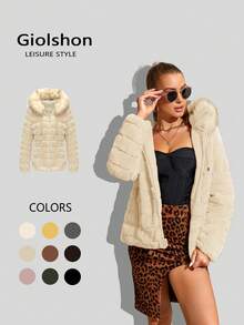 Abrigo reversible de poliéster forrado para mujer de Giolshon - Cuello de piel sintética, estilo elegante para ir al trabajo, con múltiples capas, para otoño/invierno - Beis - Ver 4