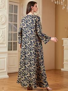 女士优雅亮片珠饰蕾丝拼接圆领长款阿拉伯风格连衣裙，绿色，朴素的卡夫坦 - 藏蓝色 - 查看 4