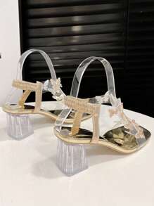 水钻蝴蝶夏季凉鞋新款女童儿童镶钻粗跟中跟仙女风格透明高跟鞋 - 金色 - 查看 6