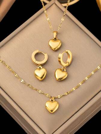 4pcs Stainless Steel Jewelry Set Includes Necklace, Earrings, Bracelet, Vintage Elegant Decor With Heart-Shaped, Suitable For Women's Daily/Party Wear, Mother's Day And Valentine's Day Gift Valentines.(Can Be Sold Individually) ﻿