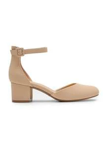 Women's Ankle Strap Chunky Heel Pumps Closed Round Toe Low Block Heels Elegant Simple Wedding Office Party  Dress Shoes - 杏色 - 查看 4