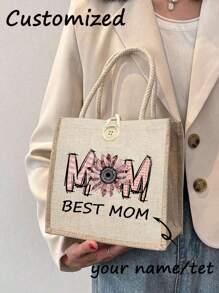 1pc Customize Floral Mama Print Tote Bag, Linen Flower Handbag,Custom Name Logo Tote Bag,Simple Large Capacity Handbag, Portable Casual Storage Handbag, Multifunctional Shopping Bag, Personalized Gift Bag, Suitable For Weddings, Birthdays, Beaches, Festivals, Perfect Gifts For Women,Multifunction,Versatile,Large Capacity,Functional,Practical,All-Purpose Cute,Adorable,Contracted, Mother's Day Gift - Multicolor - View 2