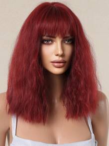 Peluca de estilo con flequillo, de 16 pulgadas, de color rojo vino, de largo medio, con apariencia natural y resistente al calor para uso diario. Peluca tejida de cabello sintético, de estilo elegante, resistente al calor, para uso cotidiano.
