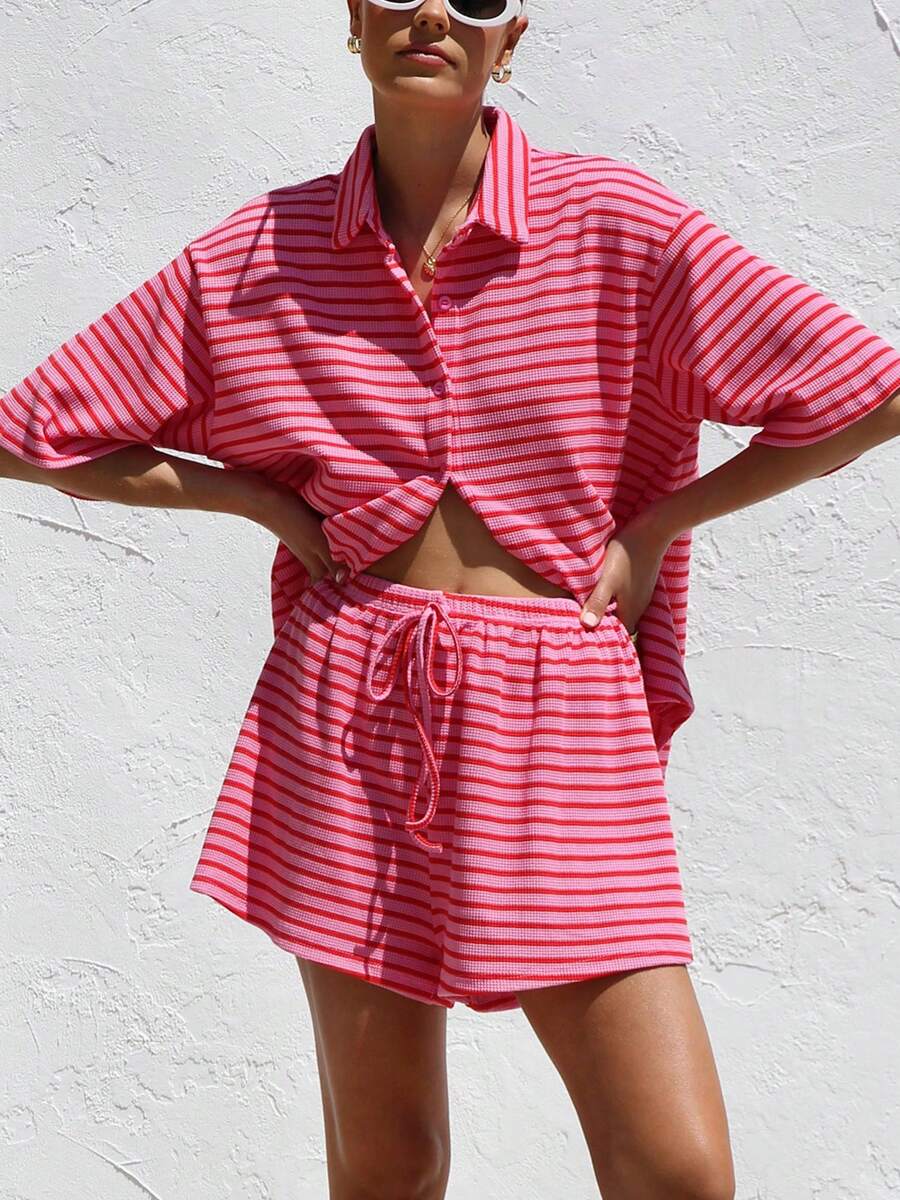 Womens Fashion 2 Piece Casual Tracksuit Outfit Sets Long Sleeve Shirt Loose High Waisted Shorts Set - Pink - View 1