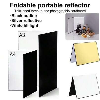 Reflector A3/A4 Size 3 In 1 Gold Silver White Mini Portable Photography Reflector, Foldable Cardboard Outdoor Shooting Fill Light Board Portrait Shooting, Photography Fill Light Reflector, Portable Foldable, Selfie Outdoor Shooting Props, Camera Photography Accessories