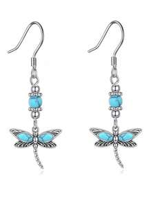 1 Pair Bohemian Turquoise Inlaid Butterfly Dangle Earrings - Elegant Alloy Jewelry For Females Summer Beach Jewelry