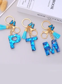 1pc Women's Initial Letter Black Butterfly Glitter Crystal Resin Epoxy Keychain With Butterfly Tassel Decor