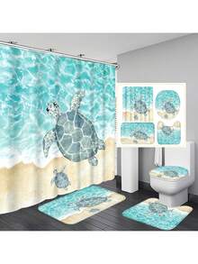 1pc/4pcs Ocean Creatures Multifunctional Bathroom Decoration Set: Waterproof Shower Curtain With 12 Hooks, Anti-Slip Bath Mat, U-Shape Floor Mat, And Round Toilet Seat Cover - Comprehensive Bathroom Solution Bathroom Accessories Back To School