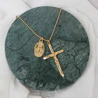 1pc Stainless Steel Virgin Mary Cross & Golden Coin Pendant Necklace, Minimalist Style Design, 18k Gold
