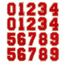 20pcs Glitters Chenille Number Patches Iron-On Embroidery Numbers For Team Uniforms Sports T-Shirts Hats Bags (Red, Number 0-9)