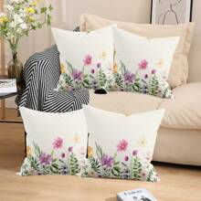 Juego de 4 fundas de almohada con estampado de flores silvestres, plantas verdes silvestres y mariposas voladoras con flores coloridas en un borde horizontal acuarelado de verano y primavera. Decoración perfecta para tu sofá, hogar, habitación, oficina, sala de estar y embellecimiento del sofá (sin relleno de almohada) con impresión unilateral.