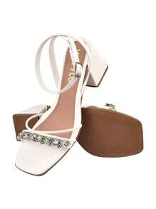 Elegant Geometric Stonework Chunky Block Heel Sandal - 白色 - 查看 3