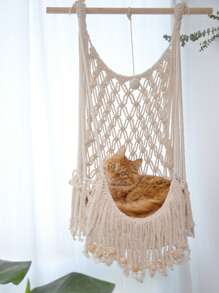 1 件 Macrame 猫吊床，波西米亚风格吊床，手工编织流苏壁挂挂毯，适合所有季节的猫秋千，不包括垫子