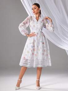 女士花卉印花蕾丝边休闲日常长袖连衣裙