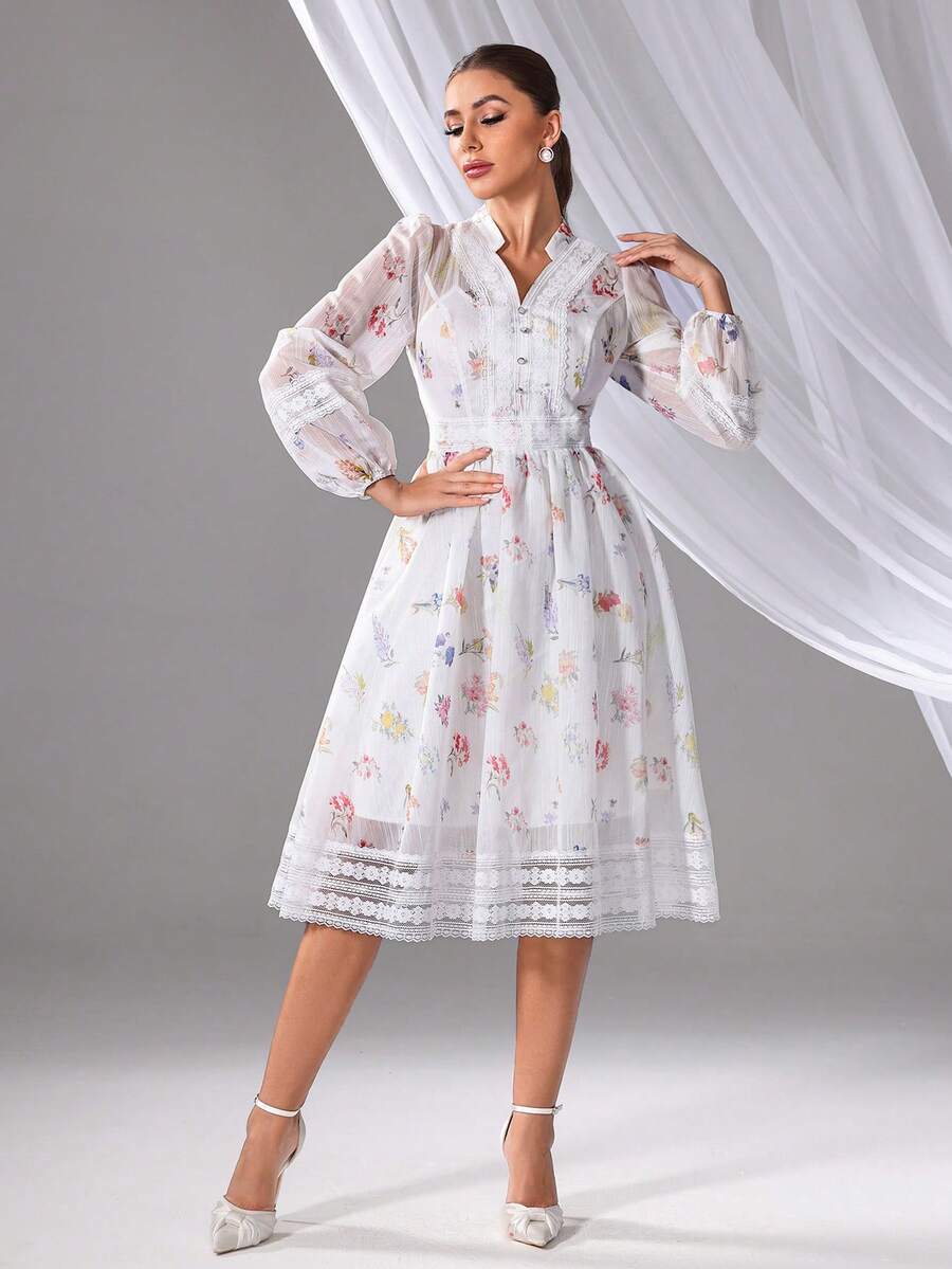 女士花卉印花蕾丝边休闲日常长袖连衣裙